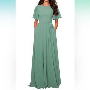 Dusty Green Chiffon Bridesmaid Dress with Pockets